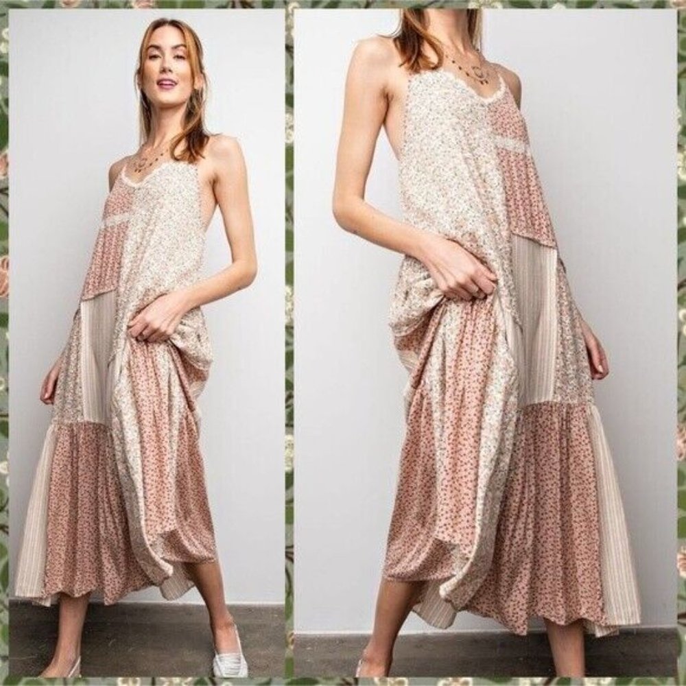 EASEL Mixed Print Adjustable Cross Straps Maxi Dress Lace Edges Relaxed & Flowy - Picture 2 of 15